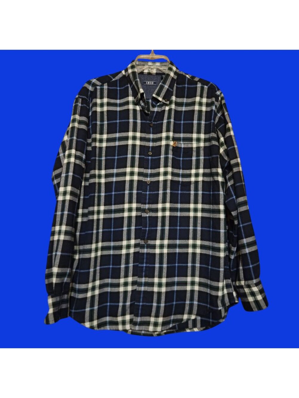 Izod Blue Flannel Plaid Long Sleeve Button Up Shirt Size Large
